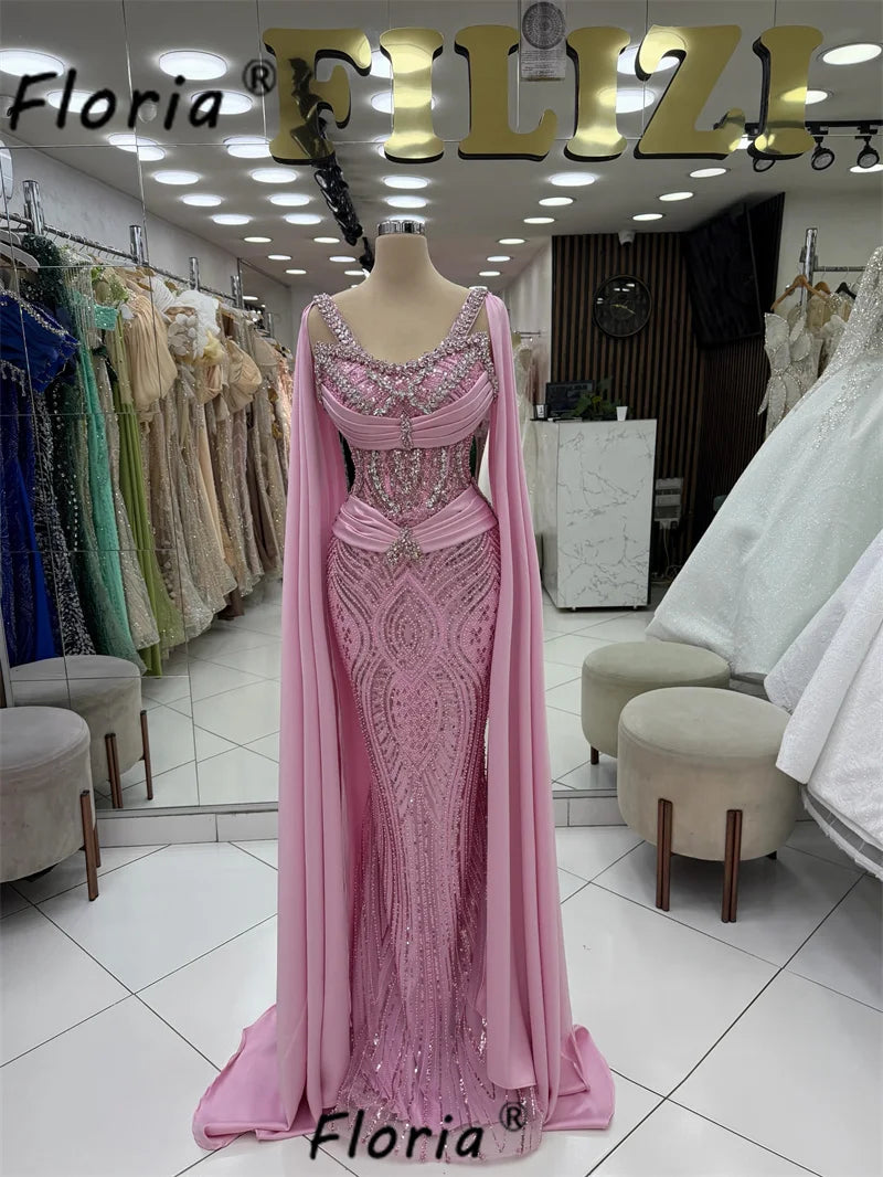 2026 Luxury Pink Mermaid Evening Gown with Chiffon Cape Heavy Rhinestone Beaded Floor Length Formal Gala Woman Wedding Dress