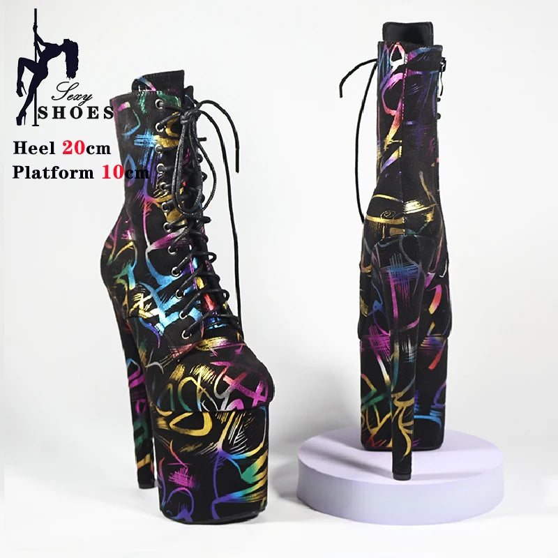 17/20CM/8Inch Print Exotic Thin Heels Boots Stripper Platform Party High Heels Shoes Pole Dancing Practice Lady Shoes Geometric