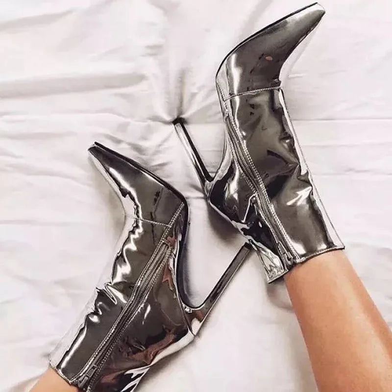 Design Ankle Boots Women Fashion Zipper Pointed High Heels Gold Silver Patent Leather Short Booties Shoes Catwalk Shoes