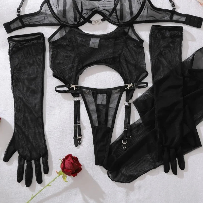 Solid Women's Lingerie Sets Seductive See Through Bra Belt Thong 3PC with glovs stockings Sissy Sexy Women's Underwear