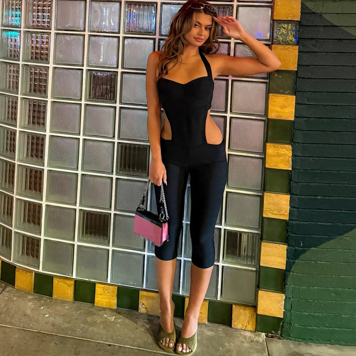 Women Fashion Sexy Hollow Out Halter Backless Skinny Knee Length Jumpsuits Solid Strapless Booty Lifting Slim cASUAL oVERALLS