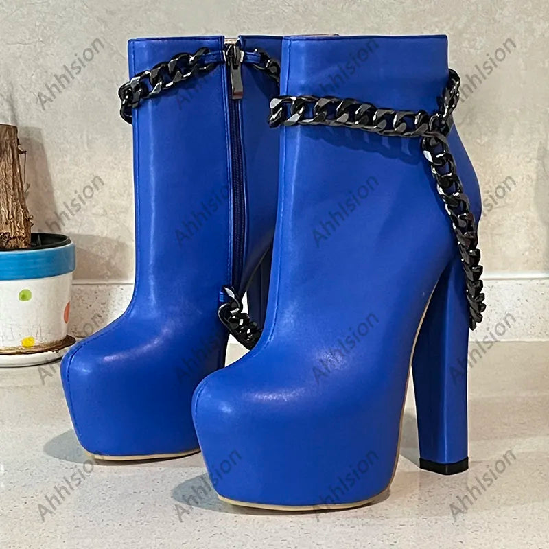 Ahhlsion New Women Winter Ankle Boots Platform Chunky Heels Chain Round Toe Pretty Blue Party Shoes Ladies US Plus Size 5-20
