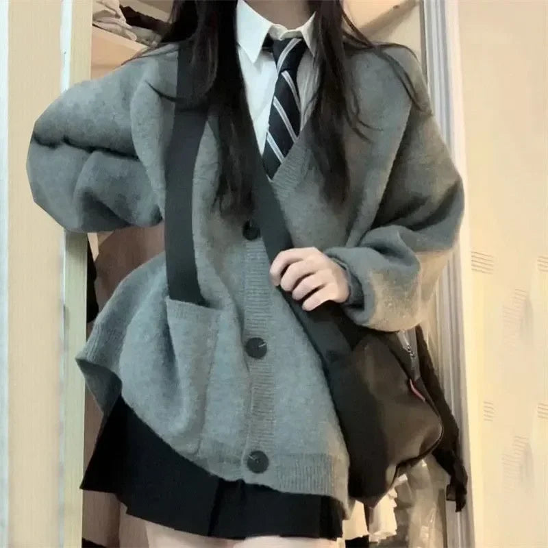 Japanese and Korean College Style V-neck Autumn Winter Grey S-8XL School Uniform JK Long Sleeve Women's Role Play School Girl