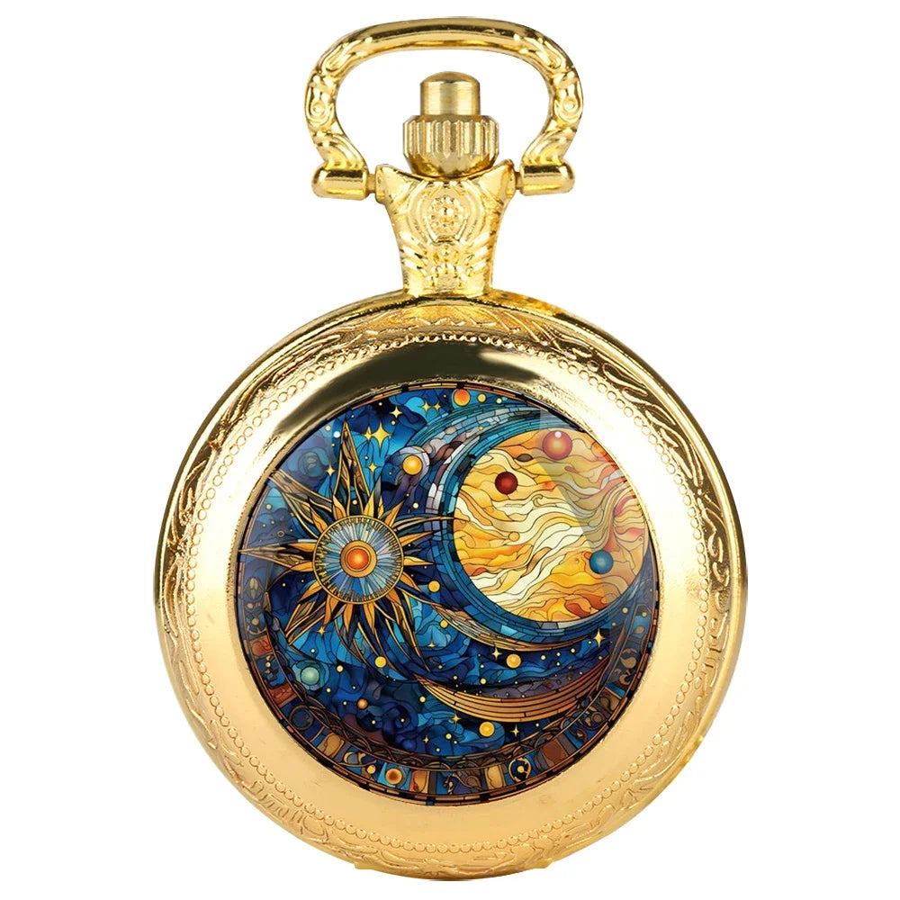 Vintage Sun and Moon Pendant Glass Dome Pocket Watch Souvenir Chain Clock Arabic Numerals with Personality Gift for Women Men