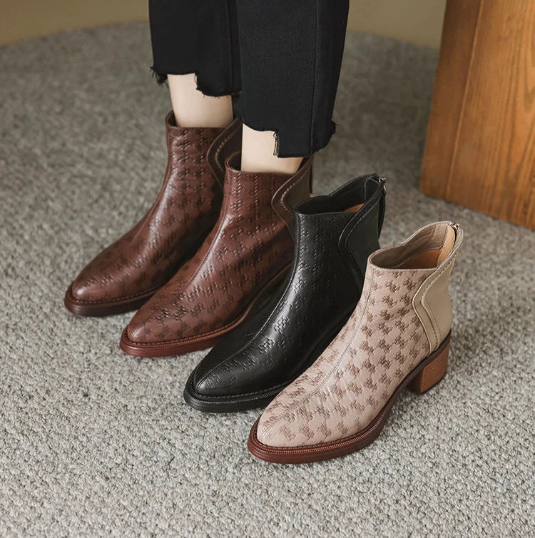 Leather Fleece-Lined Women's Ankle Boots Elegant Luxury Y2k Heeled Female Short Shoes New in Autumn Winter Pointed Toe Booties