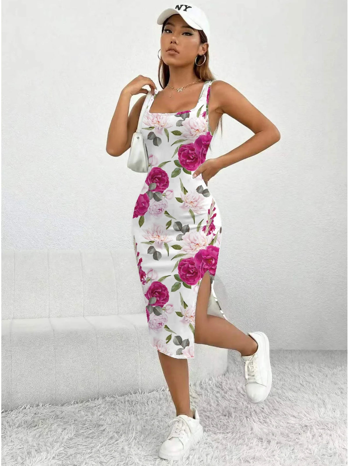 Women's Floral Print Sleeveless Dress Casual Elegant Comfortable Mid-Length Skirt with Thick Shoulder Strap Square Neck Slit