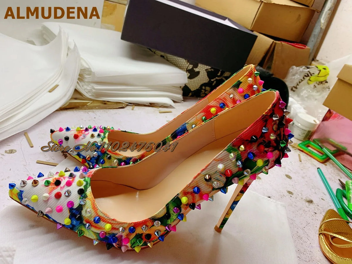 ALMUDENA Multi-Color Rivets Thin High Heel Dress Shoes 12Cm 10Cm 8Cm Stilettos Pointed Toe Shallow Pumps Pricts Spikes Footwear