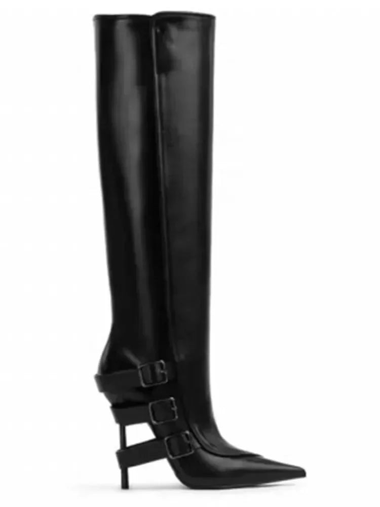New Belt Buckle Stiletto High Heels Knee Length Boots Autumn/Winter Women's Fashion Pointed Party 34-46 Large Medium Boots