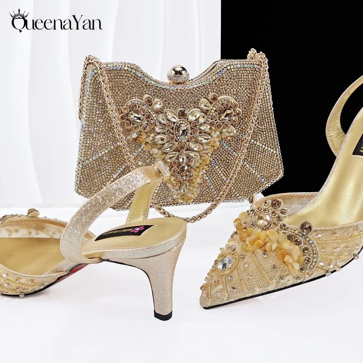 Queena Yan New Arrival Purple Color Rhinestone Decoration Design Party Wedding Lady Pointed Toe High Heels and Bag Set