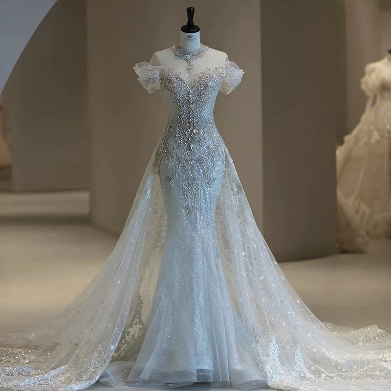 Elegant Fish Tail Wedding Dress Lightweight Tulle One Shoulder Bridal Gown for Small Stature Brides Heavy Embroidery Exit Veil