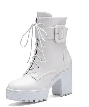 SIMLOVEYO Mortorcycle Ankle Boots Buckles Round Toe 9cm Block Heel Lace Up White Black Big Size 42 43 US12 Fashion