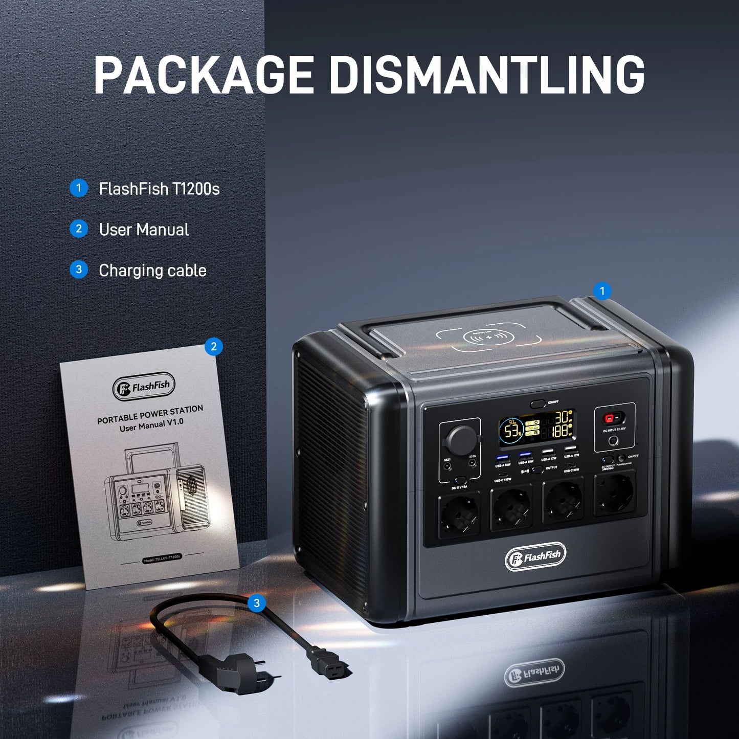 T1200S Portable Power Station FlashFish T1200S 768Wh 1200W LiFePO4 Solar Generator, PD Fast Charge Wireless Charging Outdoor Emergency Battery Pack
