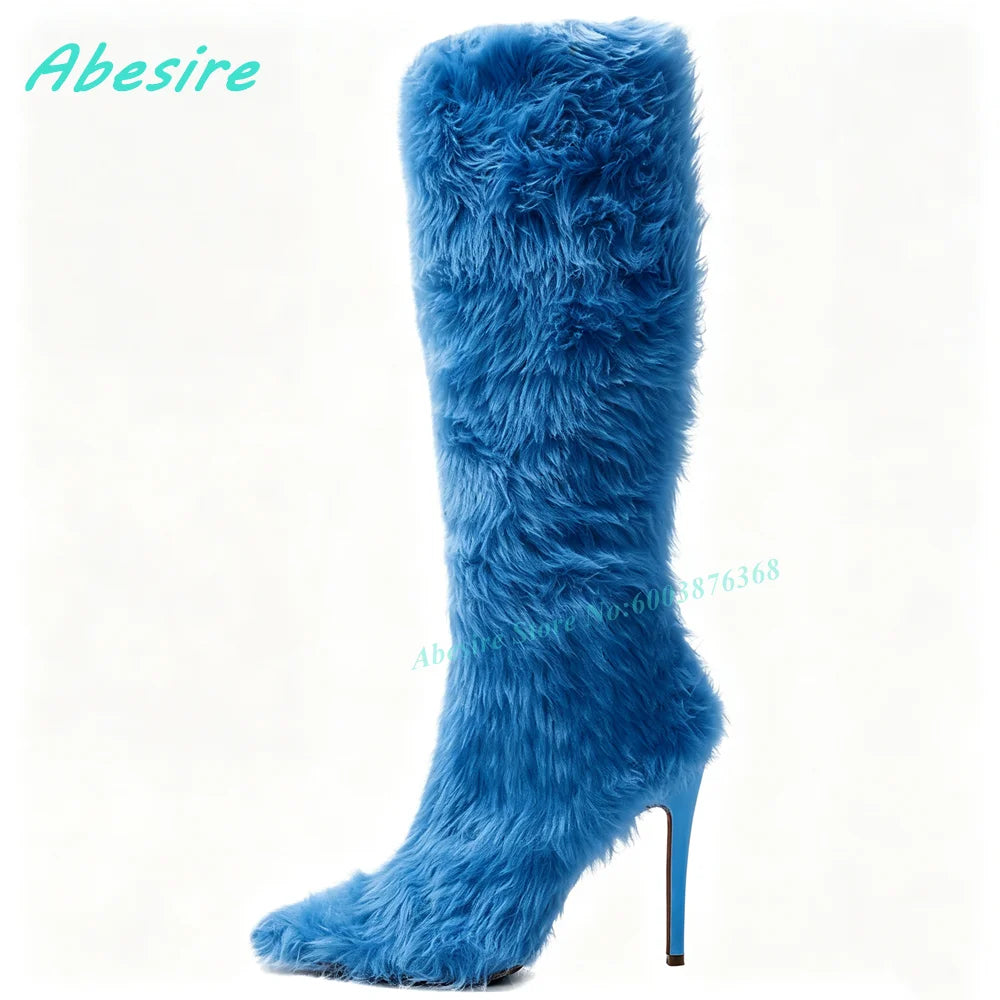 White Faux Fluffy Fur Knee High Boots Pointed Toe Stiletto Heels Side Zipper Women's Boots Spicy Girls Fashion Show Winter Shoes