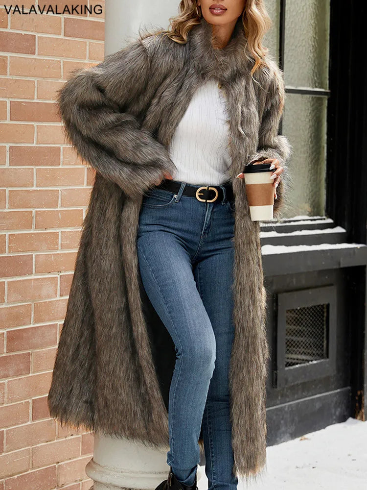 2026 Winter Stand Collar Faux Fur Long Coat Women Elegant Long Sleeve Fluffy Plush Jacket Lady Casual Thick Warm Furry Outwear