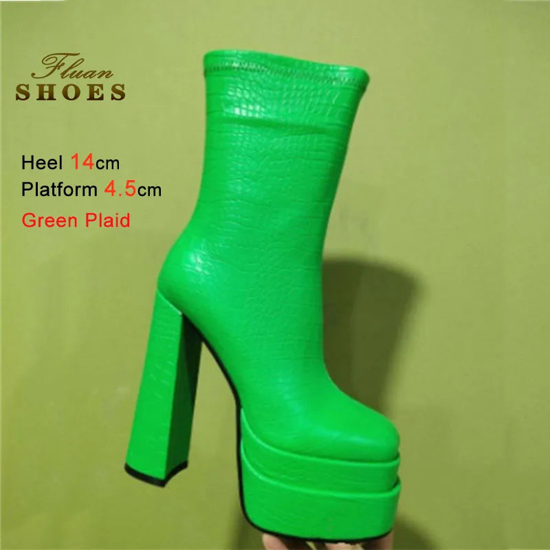 Foreign Trade Women's Shoes Fashion Super High Heels Platform Short Boots New Chunky Heel Mid-calf Boots Casual Ankle Boots CD