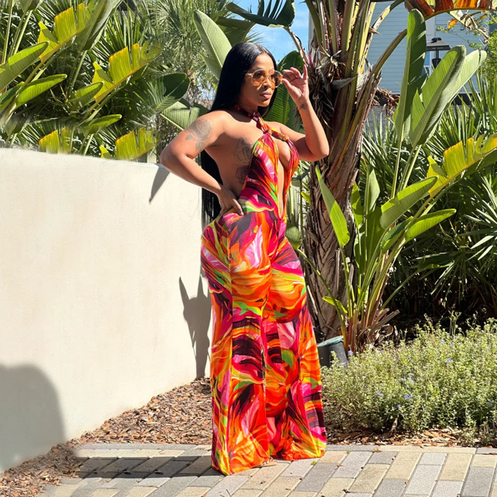CM.YAYA Women Wide Leg V-neck Halter Sleeveless Print Jumpsuits 2024 Summer Night Club Street Playsuit One Piece Suit Rompers