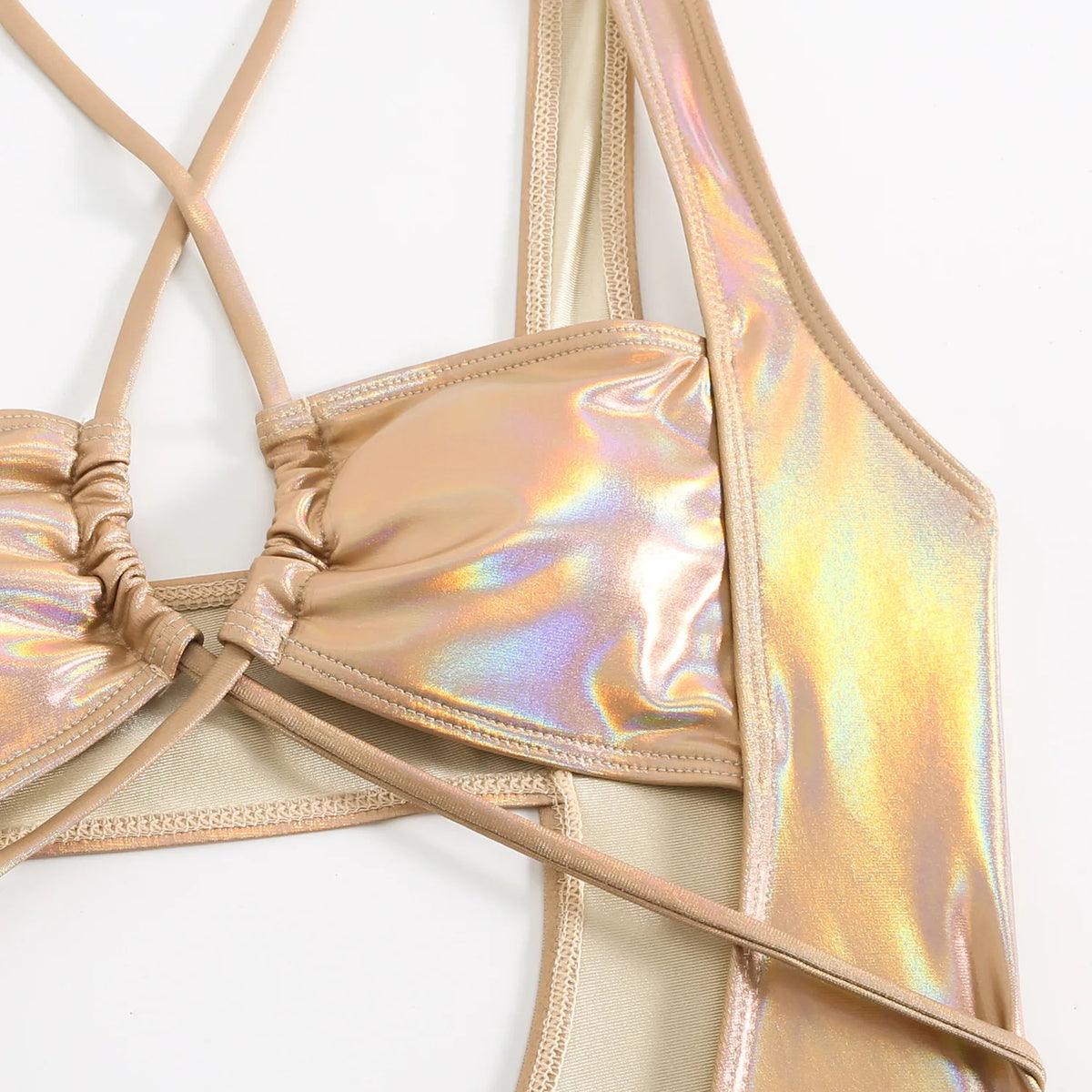 Sexy Glitter Metallic Halter Swimsuit One Piece Hollow Out Tie Bikinis Swimwear Bodysuits Women Biquini Bathing Suits Tankini