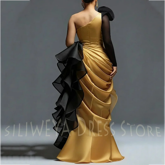 Vintage One Shoulder Evening Dresses Side Slit Long Sleeve Chic Pleat High Quality Floor Length Red Carpet Formal Prom Gown