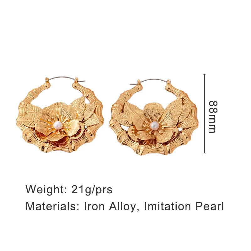 Large Metal Clip On Hoop Earrings Flower Imitation Pearl Fashion Jewelry For Women Holiday Accessories Trendy Style Gifts MQF138