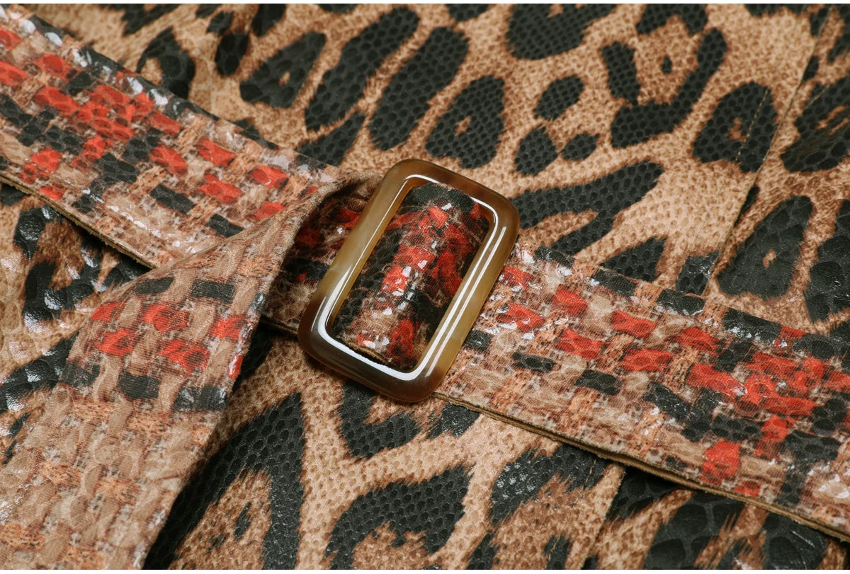 2102 High-quality Spring And Autumn Snake Skin Leopard Print Long Sleeved Leather Belt Temperament Coat Women's Trench Coat