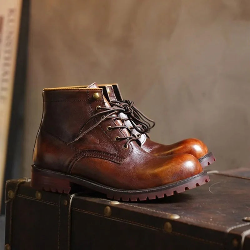 Fashion Men's Genuine Leather Motorcycle Boots British Brogue Shoes High-top Round Toe Mid-calf Chelsea Western Riding Boots