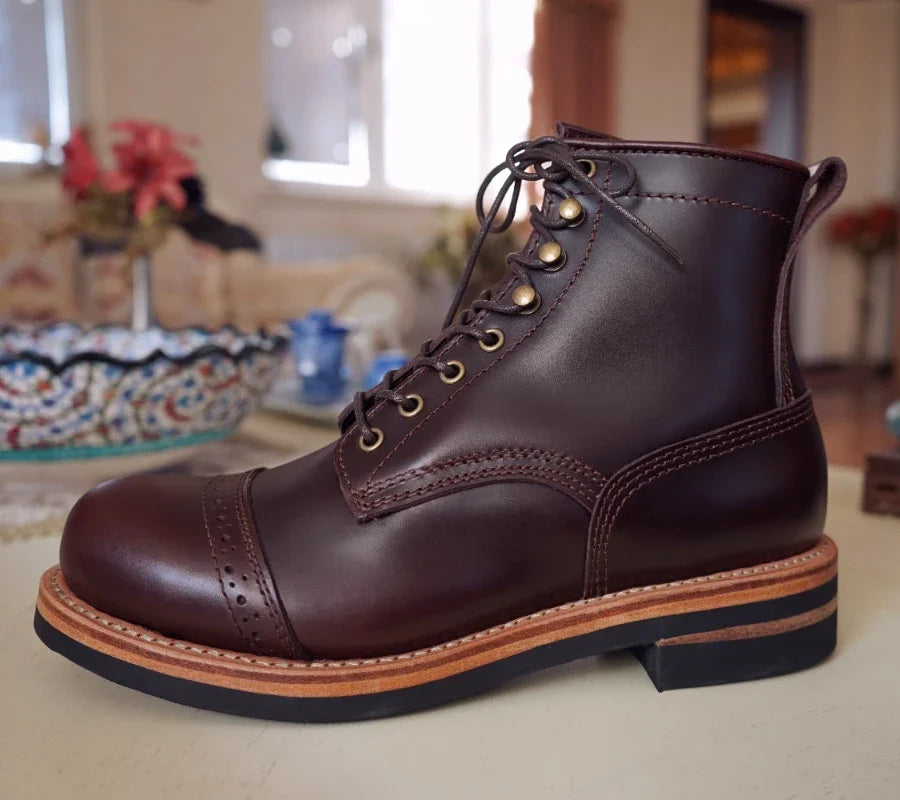 Goodyear-welding Workwear Men's Boots Leather Round Toe Mid-top Biker Shoes