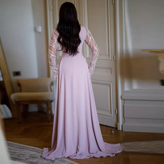 Customized Moest Square Neck Evening Dresses with Beaded Long Sleeve Mermaid Formal Gown with Detachable Train Satin Robe de