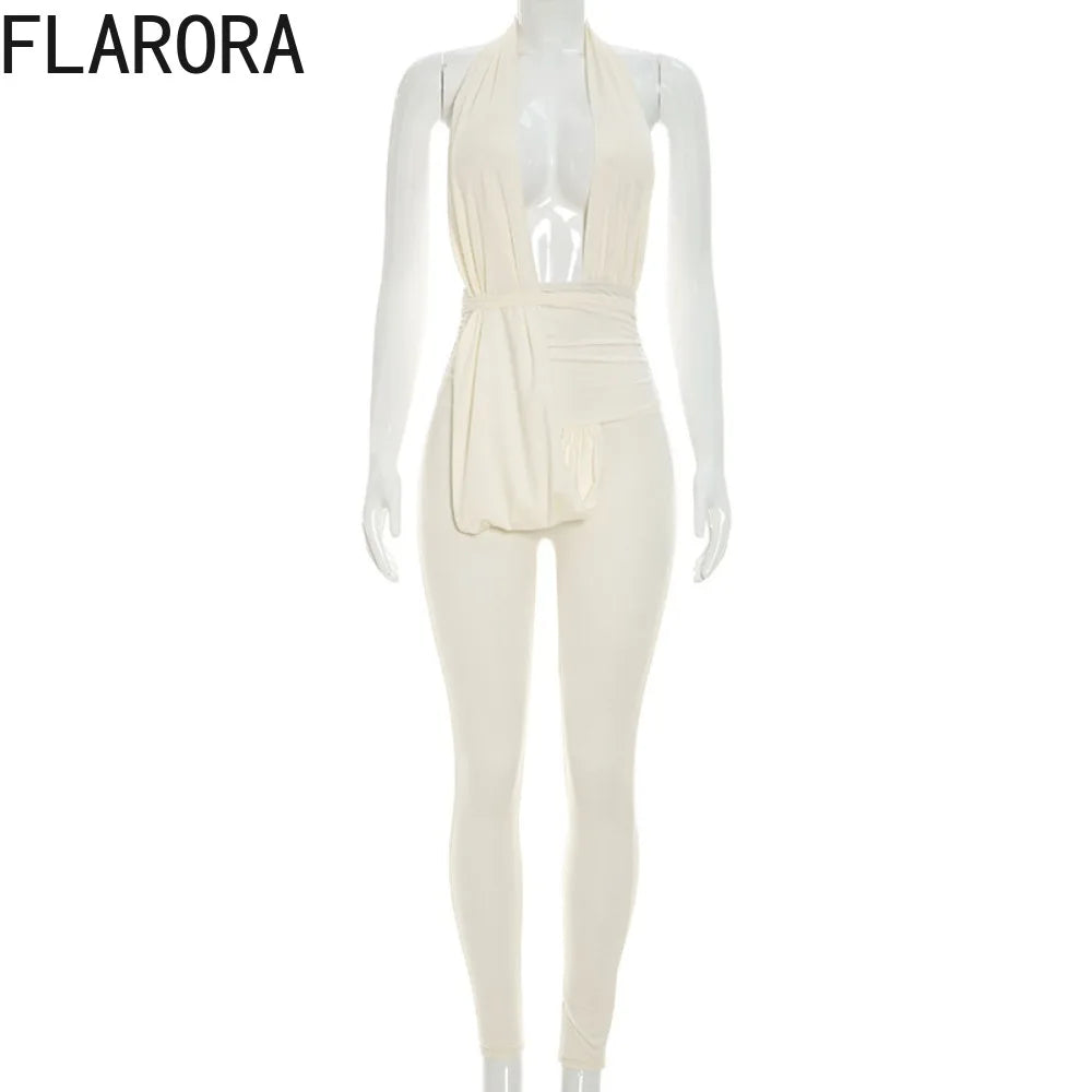 FLARORA Sexy Halter Backless Jumpsuits Woman Deep V-neck Sleeveless Ruched Waist With Draped Tie Skinny Jumpsuit Party Clubwear