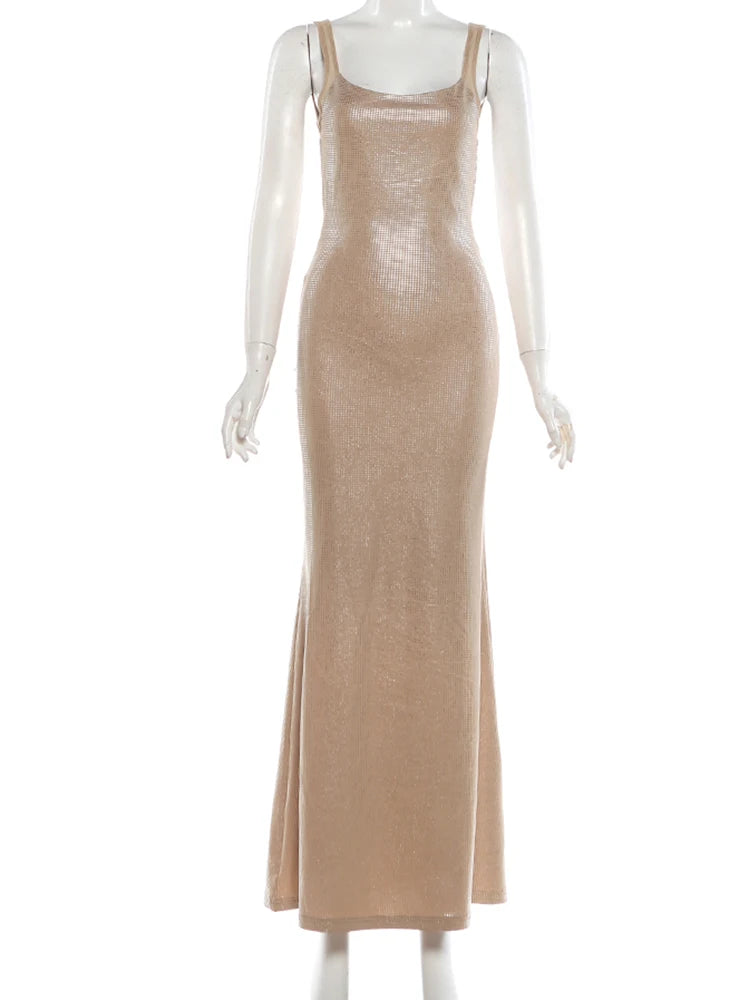 Nibber Low-Neck print Stretch Backless Sequin Dress Women Sexy Sleeveless Skinny Elegant Fashion Party chic Club Maxi Bodycon