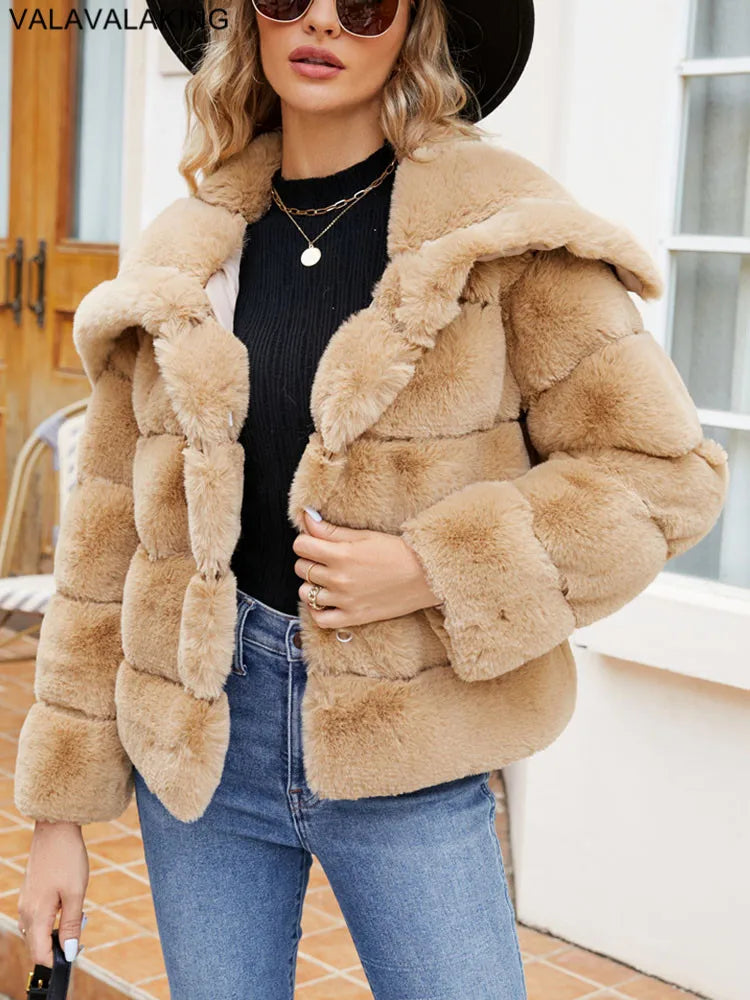 2026 Autumn Winter Turndown Collar Faux Fur Coat Women Casual Long Sleeve Fluffy Plush Jacket Khaki Thick Fake Fur Warm Cardigan