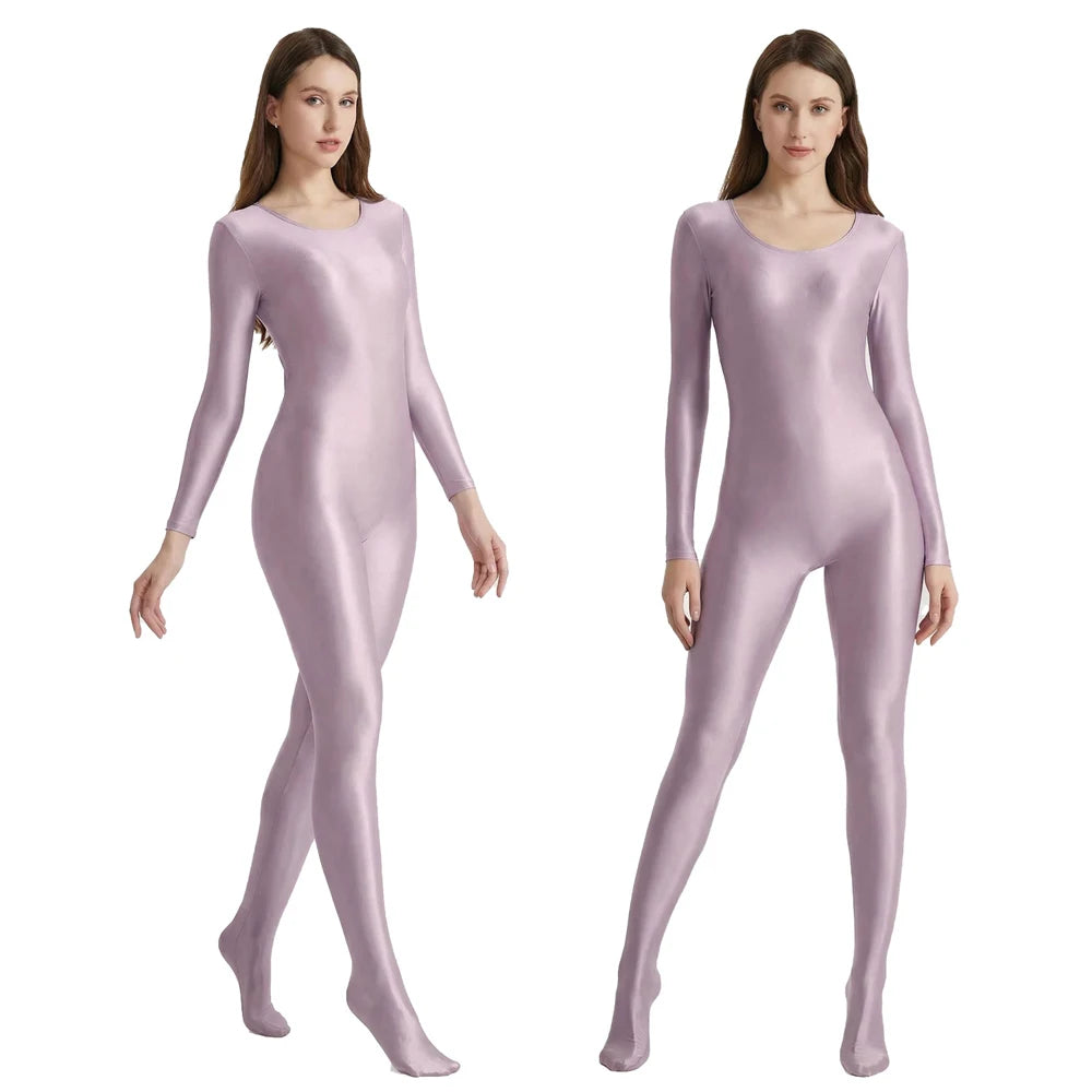 Women's Smooth Glossy High-Elastic Round Neck One Piece Catsuit Long Sleeve Zentai Jumpsuits Cosplay Performance Tights Bodysuit