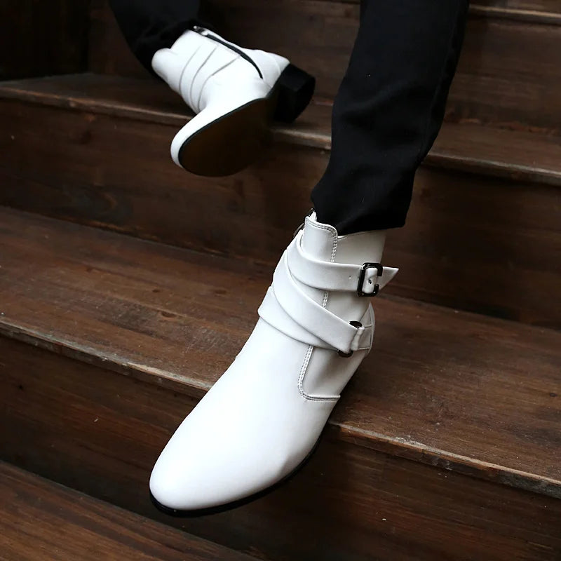 Leather Chelsea Boots Men Designer 2024 White Dress Boots Men Casual High top Buckle Strap Formal Shoes Men Motorcycle Boots