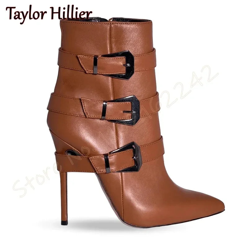 Rose Red Suede Belt Buckle Short Boots Pointed Toe Stiletto Side Zipper Modern Boots Fashion Party Catwalk Luxury Short Boots 46
