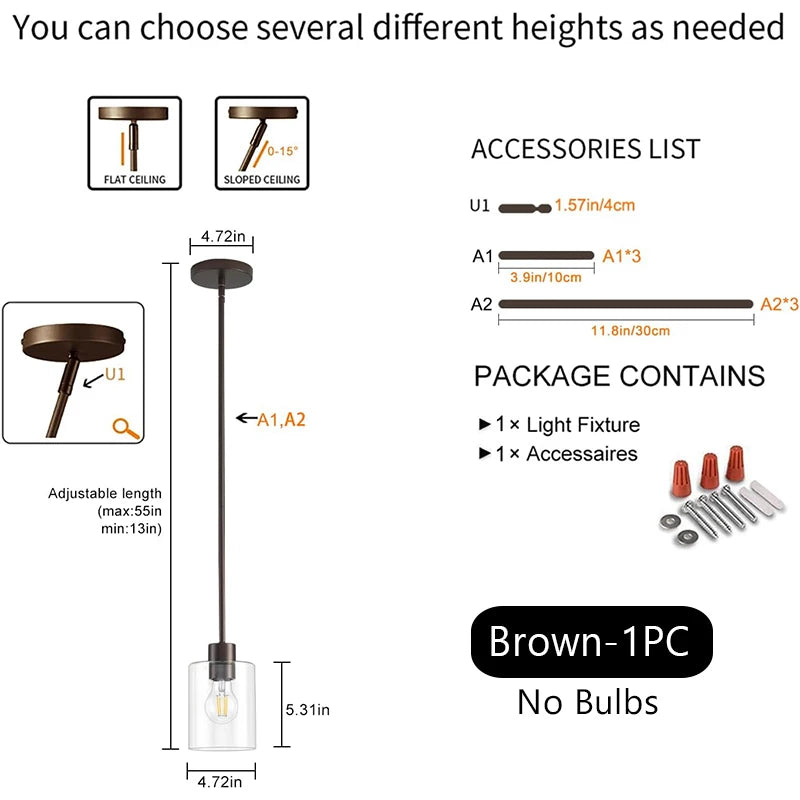 Modern Industrial Pendant Lamp Glass Hanging Adjustable Height Kitchen Dining Room Bedroom Bedside Bathroom Decor Lights
