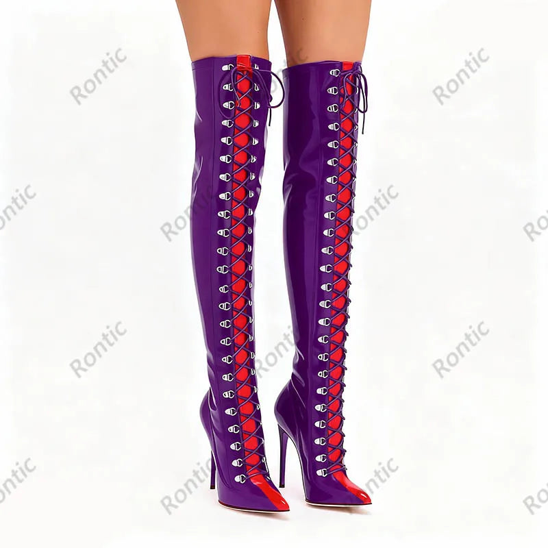 Rontic Custom Crafted Blue Thigh High Boots Stiletto Heel Design Red Detail Laces Pointed Toe Patent Leather Artisan Size 5-15
