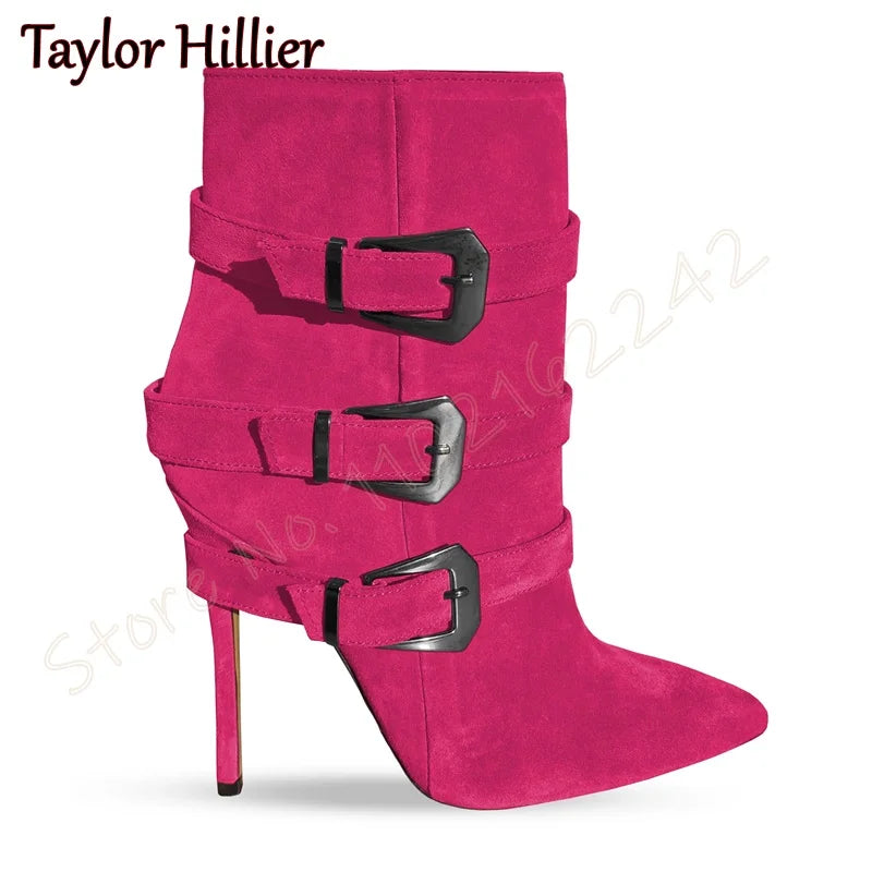Rose Red Suede Belt Buckle Short Boots Pointed Toe Stiletto Side Zipper Modern Boots Fashion Party Catwalk Luxury Short Boots 46
