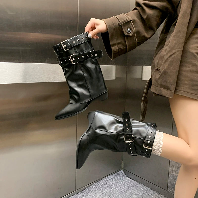 2025 Pointed Toe Women's Winter Boots Designer Mid Heels Elegant Shoes Pumps Fashion Boots New Trend Dress Gothic Ladies Boots