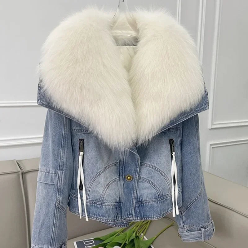 Winter Thickened Short Denim Jacket Fashion Parkas Jeans Jacket Luxury Fur Coat Removable Fur Collar Cotton Jacket New