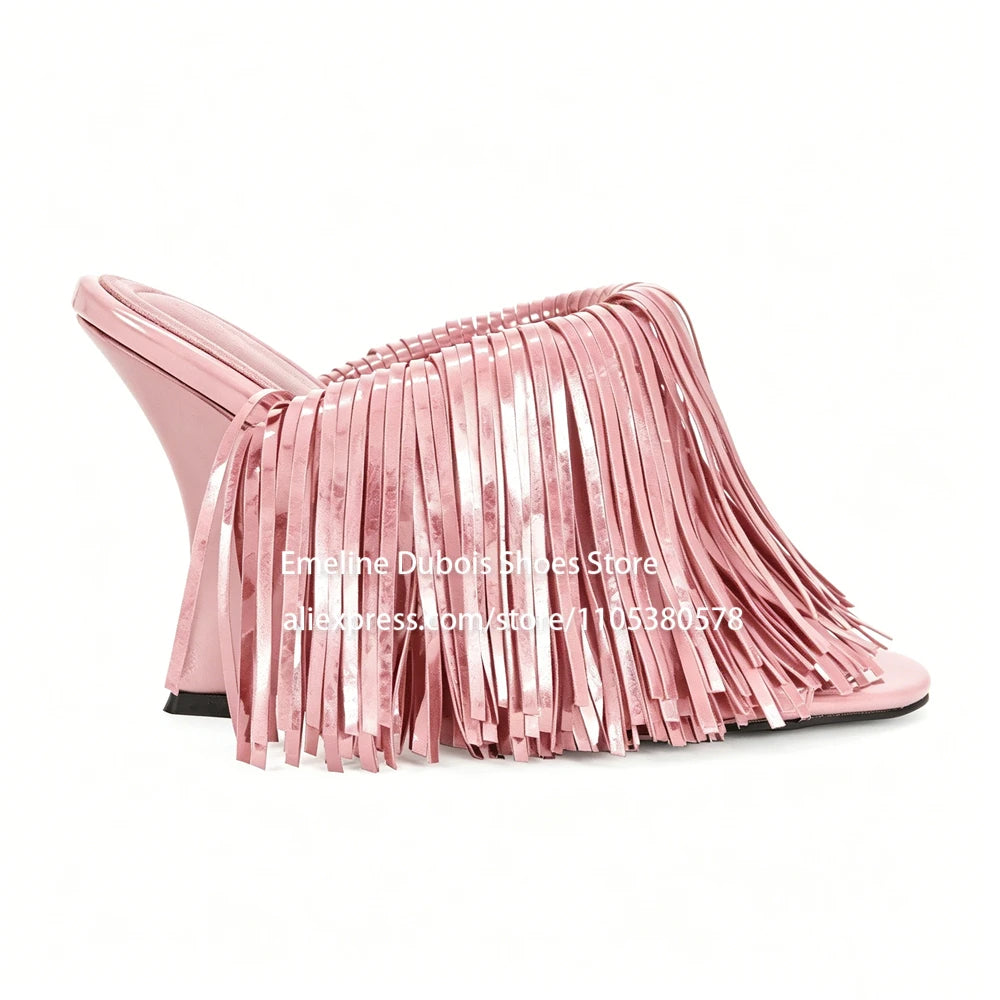 Blue Patent Leather Fringe Wedge Heel Mules Open Peep Toe Slip On Irregular Heel Sandals Nightclub Party Runway Shoes for Women