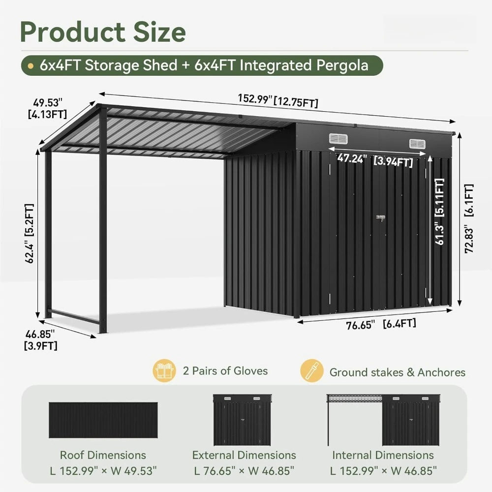 6x4FT Outdoor Metal Shed and Hardtop Gazebo Combo 12x4FT Lean to with PergolaA Black