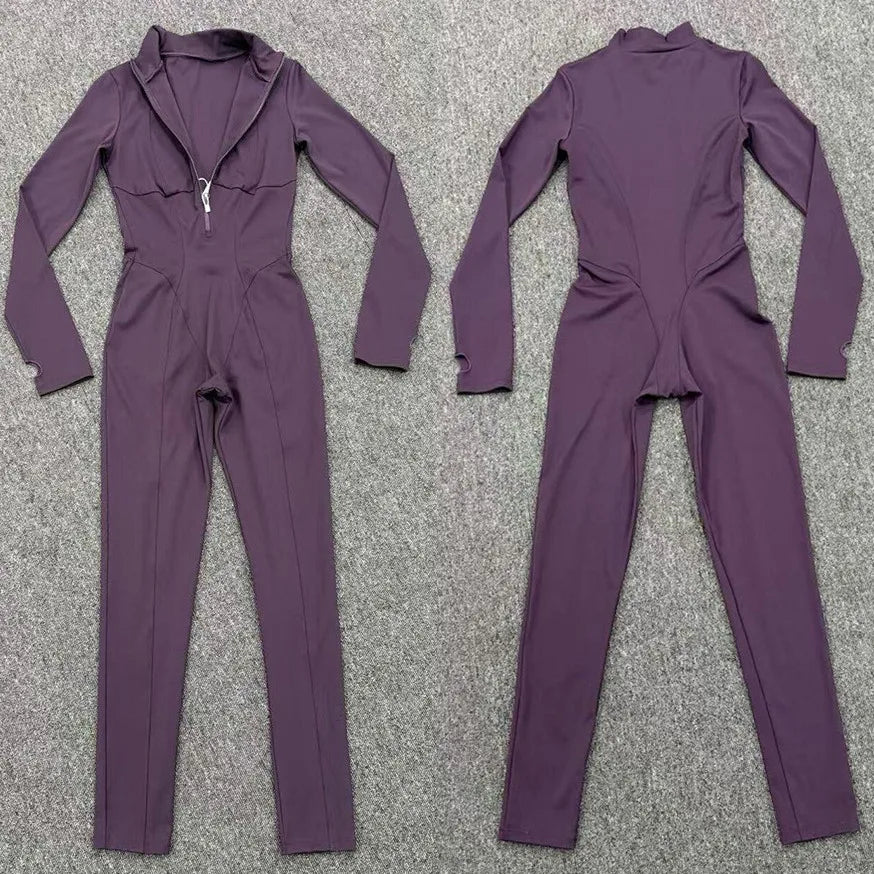 Zipper Jumpsuits for Woman No Padding Sports Overalls for Women Long Sleeve Gym Clothes Woman Activewear 2026 Purple Coffee XL