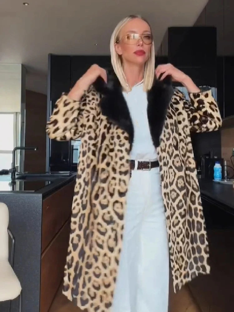 Vintage Leopard Print Coat Women Faux Fur Trim Collar Long Sleeve Loose Mid-length Warm Jacket Club Street Ladies Outerwear