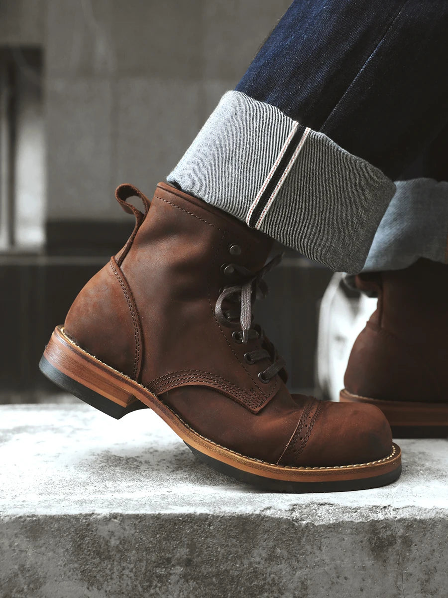 Retro American Amekajie Boots Large Head High Top Worn Color Work Boots Motorcycle Style Youth Low Heel