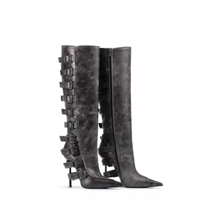 New Belt Buckle Stiletto High Heels Knee Length Boots Autumn/Winter Women's Fashion Pointed Party 34-46 Large Medium Boots