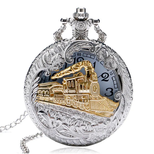 Classic Antique Steam Train Design Pocket Watch with Chain Necklace Vintage Quartz Pendant Watches Clock Chain for Men Women Kid