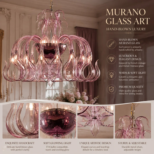 Pink Glass Swan Chandelier Luxury French Style LED Pendant Light for Living Room Bedroom Dining Room Home Decor