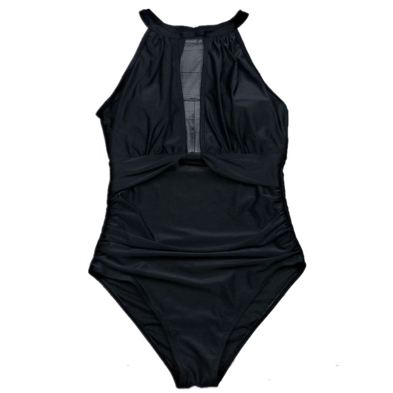 Cross-border New European and American Women's Swimsuit Chest Mesh Stitching Pleated Craft Swimwear Bikini Wholesale