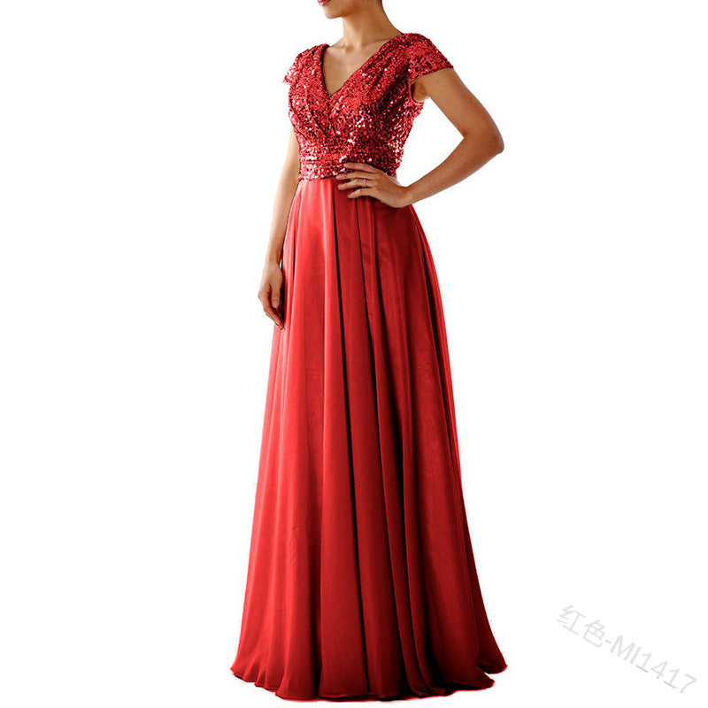 2025 Cross-Border New Spring and Summer European and American Clothing Sleeveless Dress V Neck Sequined Elegant Chiffon Splicing Evening Dress
