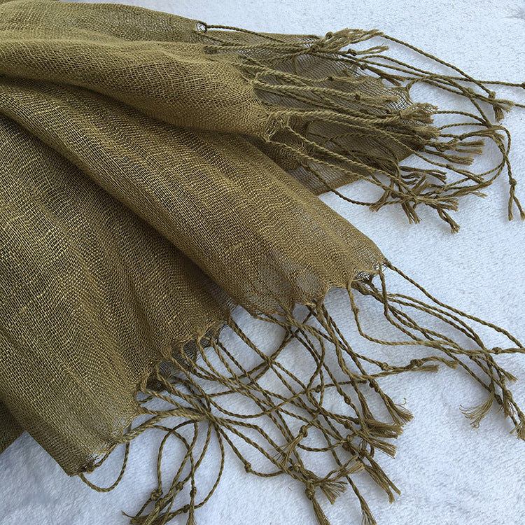 55*180cm Fashion Soft Solid Women 100% Linen Flax Tassel Scarf Summer Travel Sunscreen Long Shawl Elegant Hijab Women Foulard