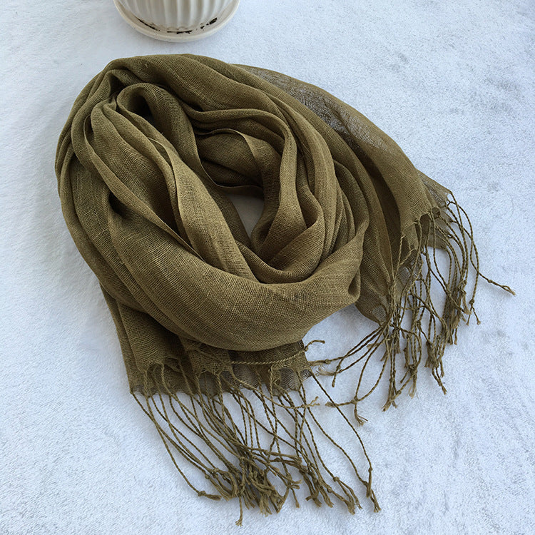 55*180cm Fashion Soft Solid Women 100% Linen Flax Tassel Scarf Summer Travel Sunscreen Long Shawl Elegant Hijab Women Foulard